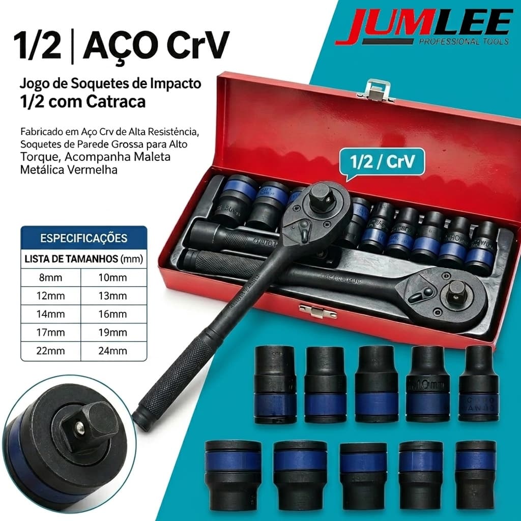 Kit Ferramentas 12 Peças Mecânico Profissional Soquetes Com Maleta De Ferro Fosfatizado