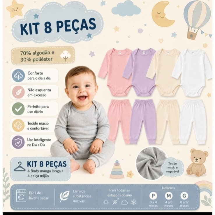 4 Conjunto 8 Peças Calça Mijão Body Manga Longa Bebê Inverno Antialérgico