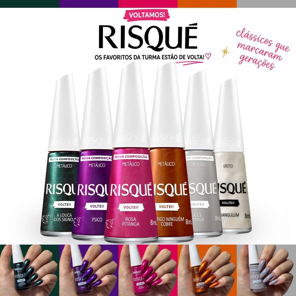 Kit Esmaltes Risqué Voltei Lançamento Tons Metálicos Esmalte Atacado Doce Pérola
