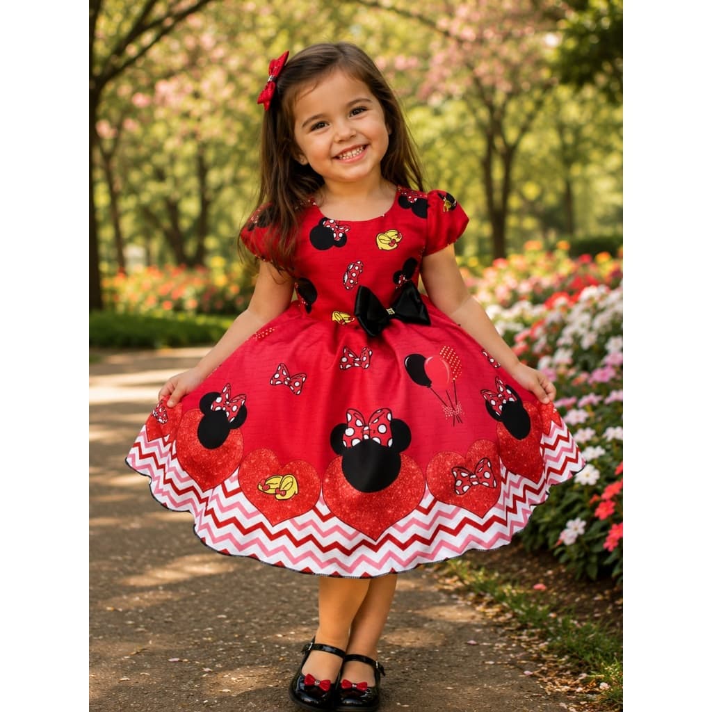 Vestido Minnie Vermelha Festa Aniversário Princesa Luxo Temático de 1 a 8 anos
