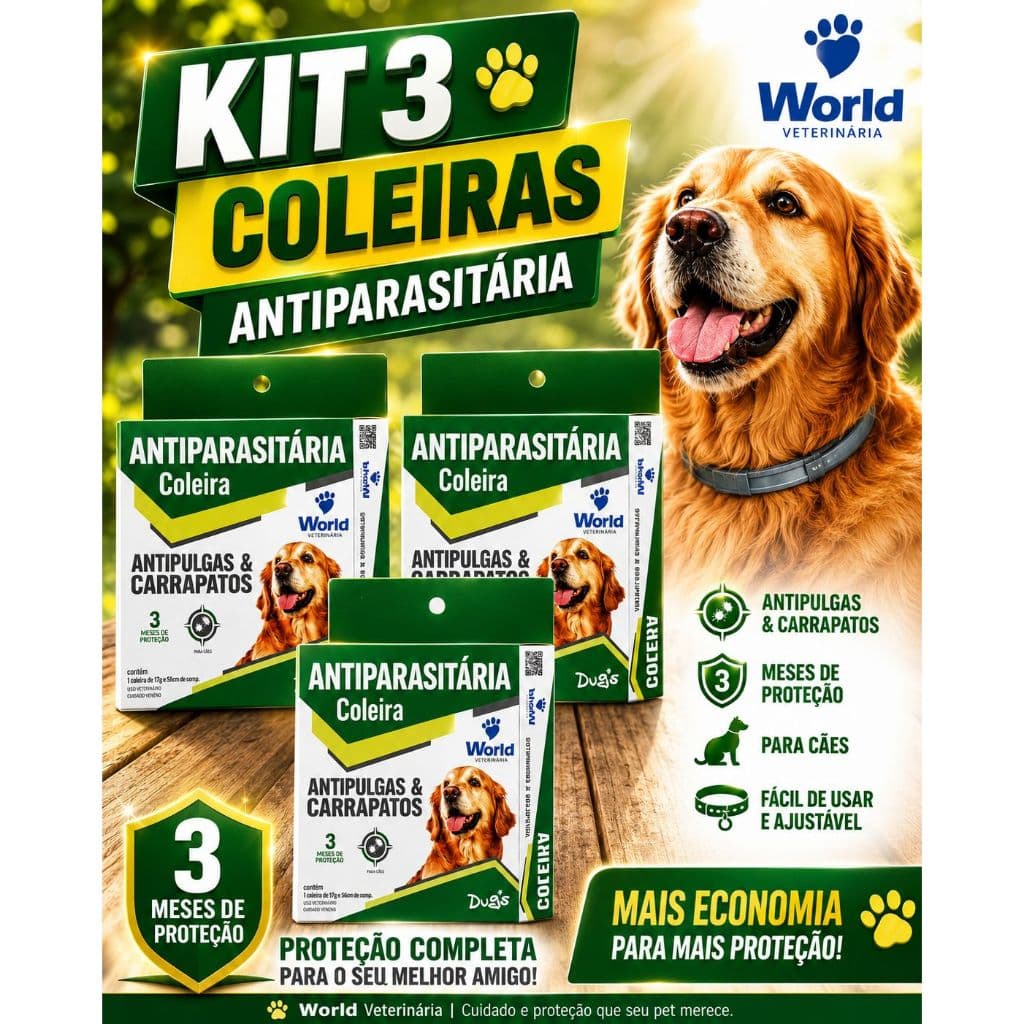 3 Coleiras AntiPulgas e Carrapatos World Antipulgas e Carrapatos Dug`s
