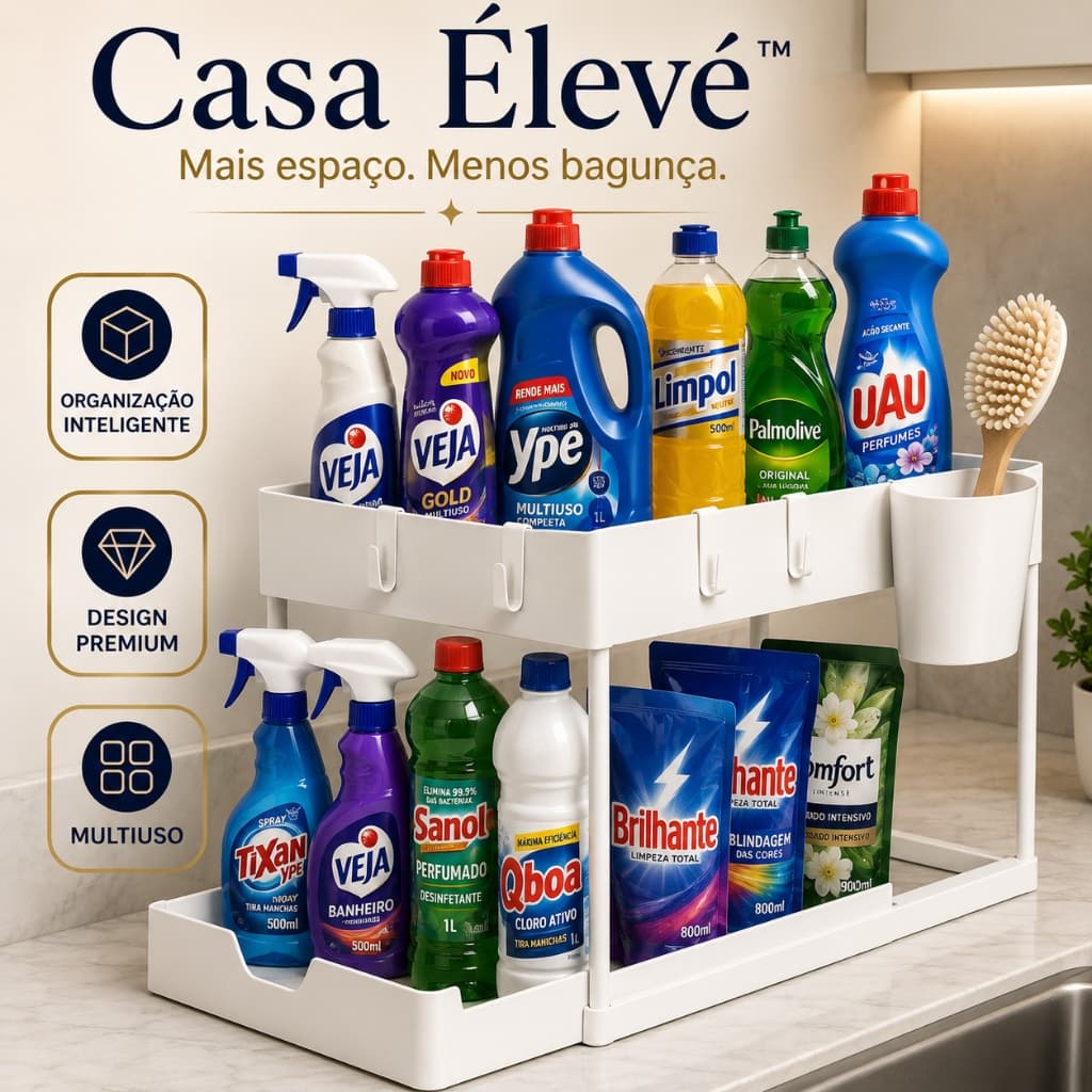 Organizador Multiuso 2 Níveis com Bandeja Corrediça Casa Élevé™ para Cozinha Banheiro e Armário Branco