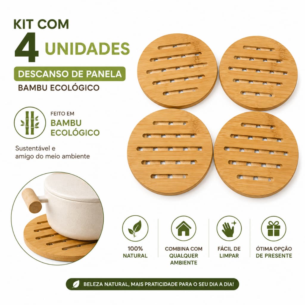 KIT COM 04 Descansos de Panela em Bambu - BIGOOHOME IDEAL PARA SUA MESA E COZINHA