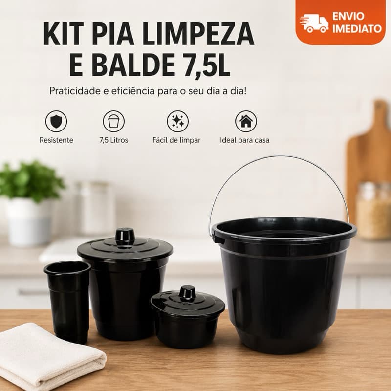 Kit Limpeza Completo com Balde 7,5L + Kit Pia Lixeira e Porta Detergente e Esponja