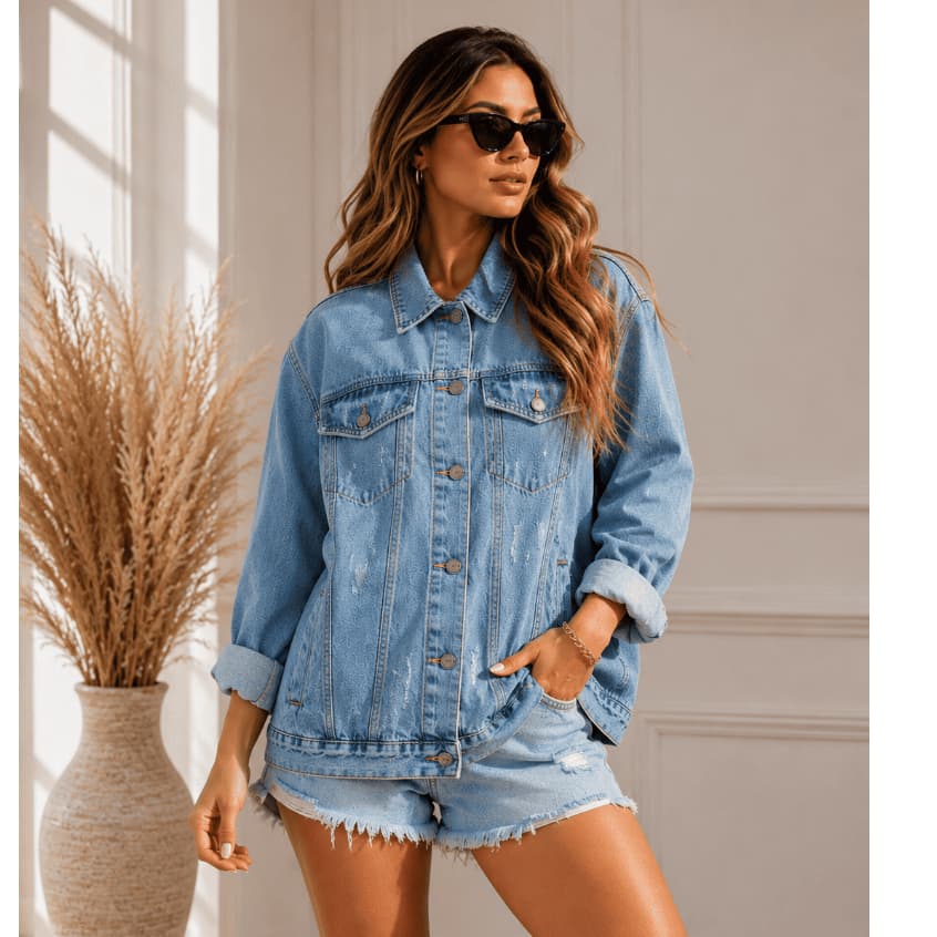 Max Jaqueta Over Com Bolsos Jeans Feminina Longa Inverno