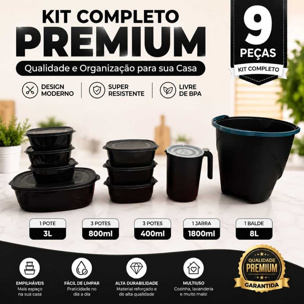 Kit Potes Herméticos Preto 9 Peças Premium Organizador Cozinha + Balde 8L e Jarra 1800ml