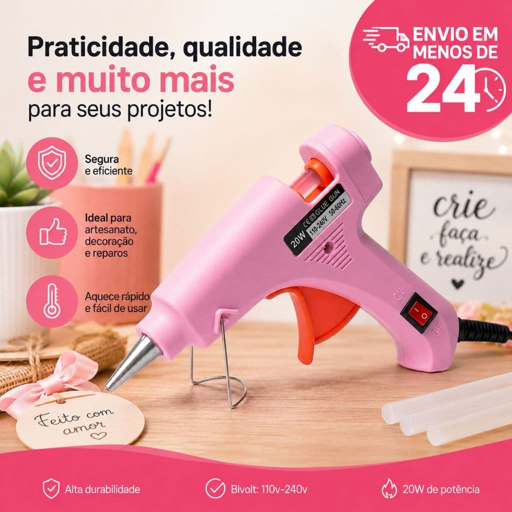 Pistola de Cola Quente Rosa Profisional Botão de Liga e Desliga Tomada Brasileira Bivolt Artesanato