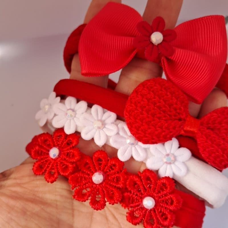 Faixinhas de Bebê recém-nascidas maternidade Menina Delicadas Vermelho e Branco com Laços e Flores