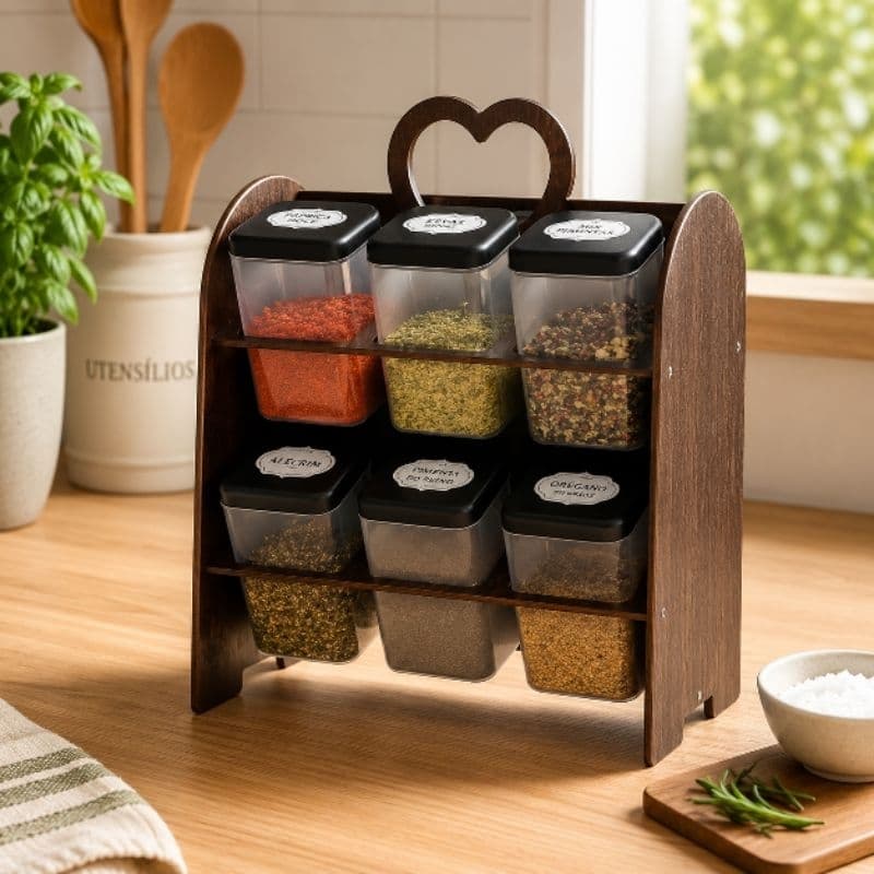 Porta Temperos Organizador Mesa ou Bancada MDF Pintado com 12 Porta Condimentos + Adesivos