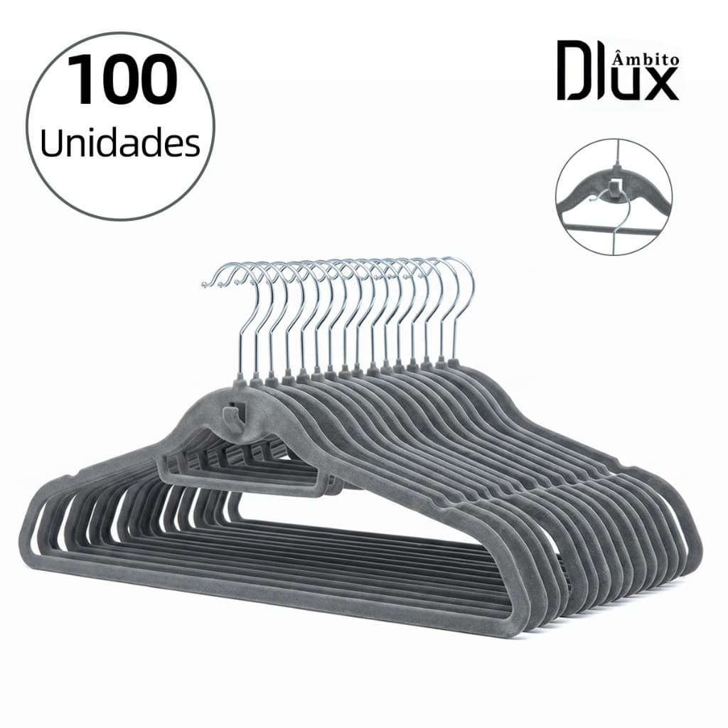 Kit 100 Cabides Slim Veludo Preto Closet Organizado