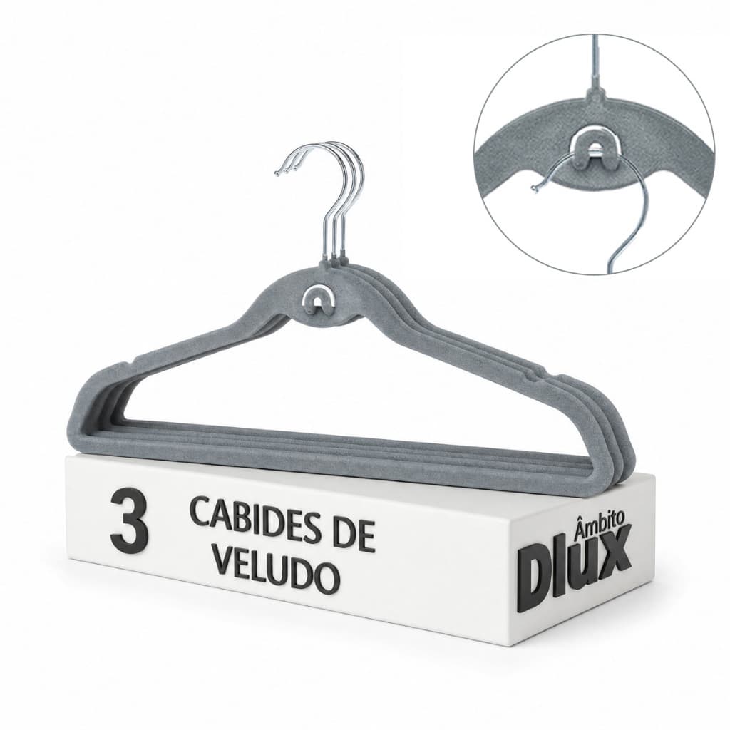 Kit 3 Cabides Slim Ultrafino de Veludo com Gancho Cromado Adulto