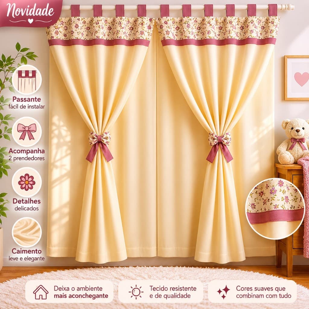 Cortina Infantil Bebê Primavera 2,80x1,70 Voil e Microfibra para Varão 2m Quarto Menina