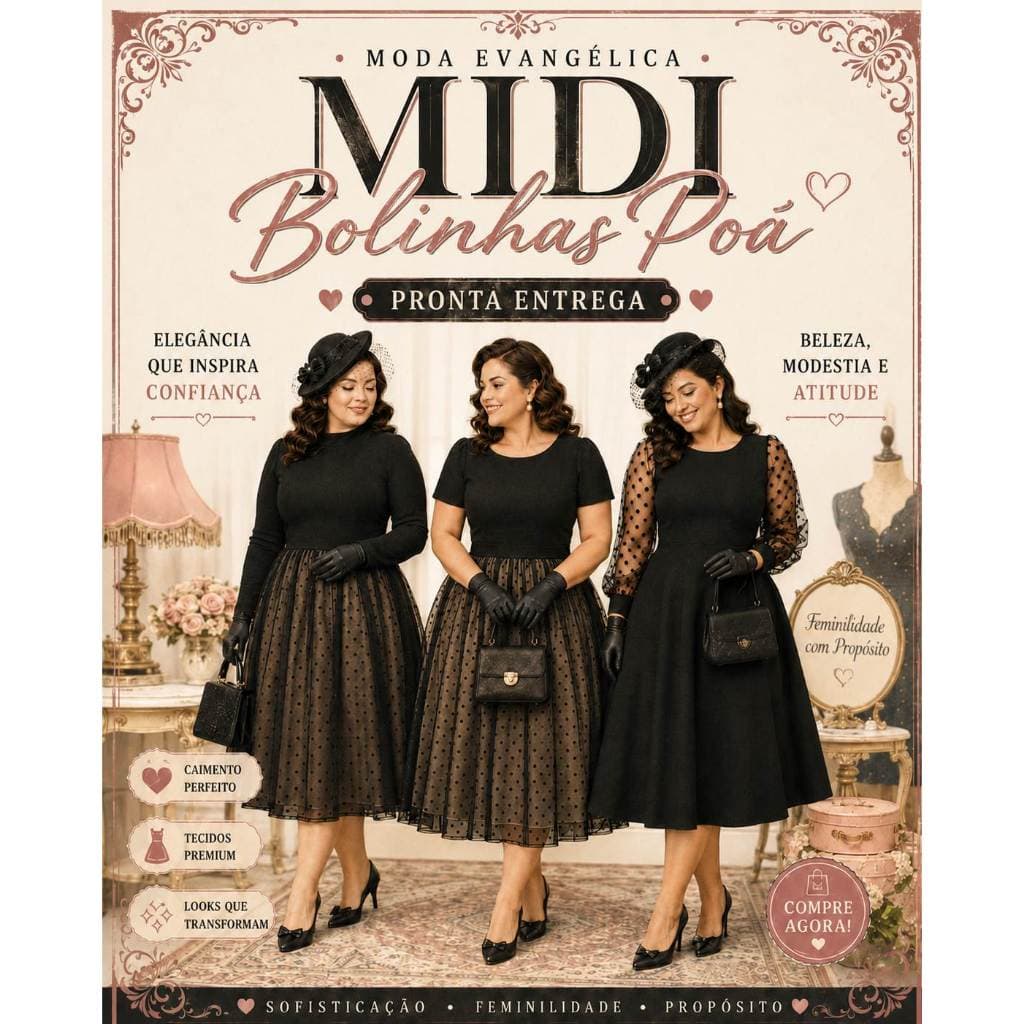 Vestido Retrô Bolinhas Poá vintage anos 60 70 Rodado Moda Evangélica Plus Size Manga Longa ou Princesa Elegante Casual