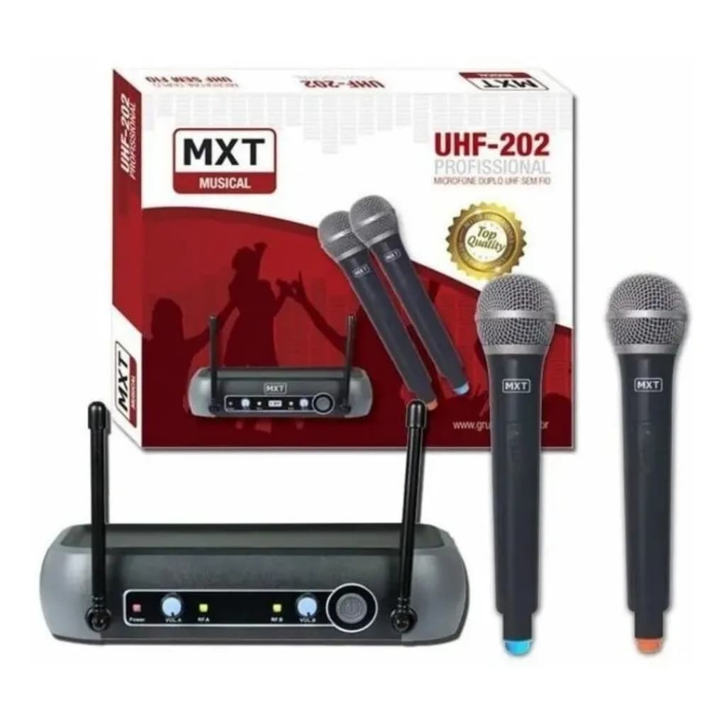 Microfone Duplo de Mão Sem Fio UHF-202 Frequência Fixa