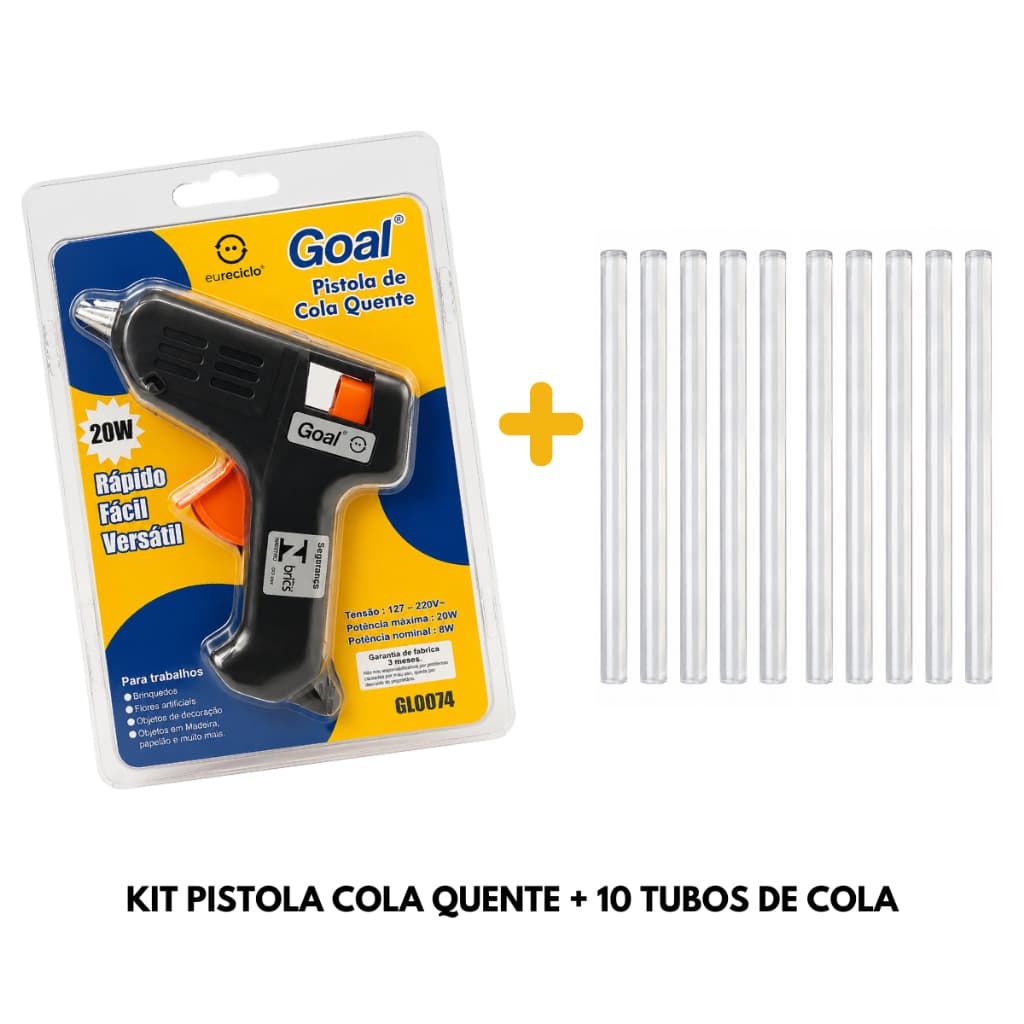 Pistola de Cola Quente Pequena 20W Bivolt + 10 Bastões Cola Quente Artesanato