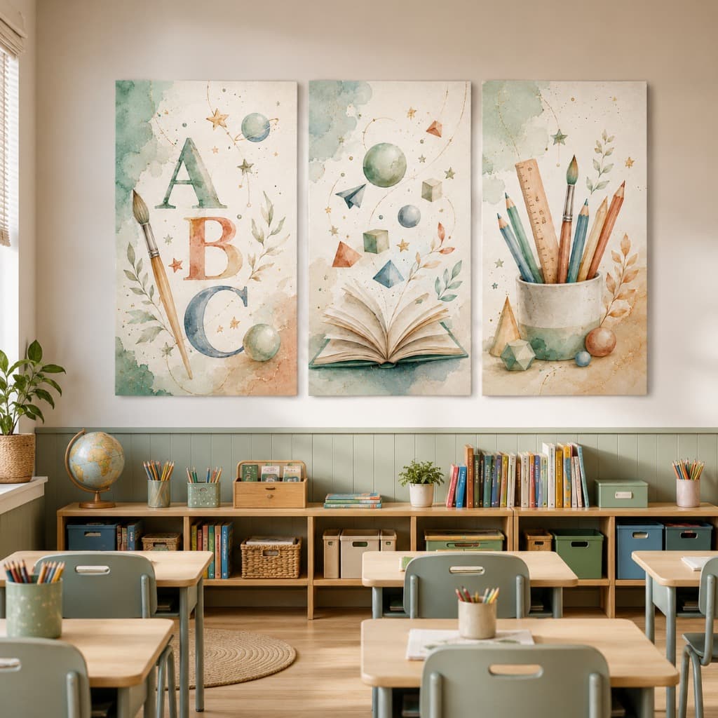Quadro Decorativo Infantil Educativo Alfabeto Aquarela Kit 3 Peças para Sala de Aula Quarto e Escola