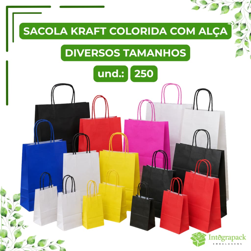 Sacola Kraft Delivery Colorida Com Alça Embalagem Papel Reforçado Para Presente Loja Comércio