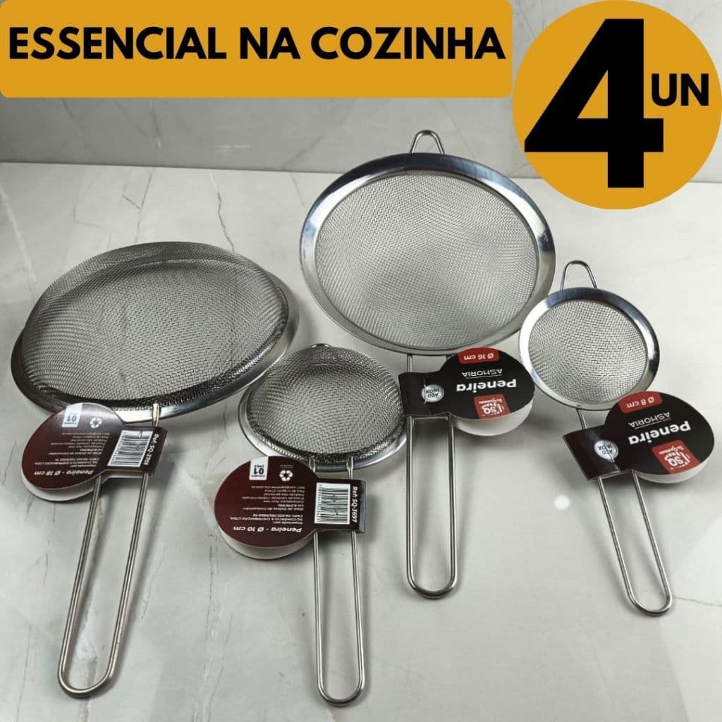 JOGO 4 Peneiras Inox Premium Profissional Filtragem Perfeita Farinha Alimentos Cozinha Casa