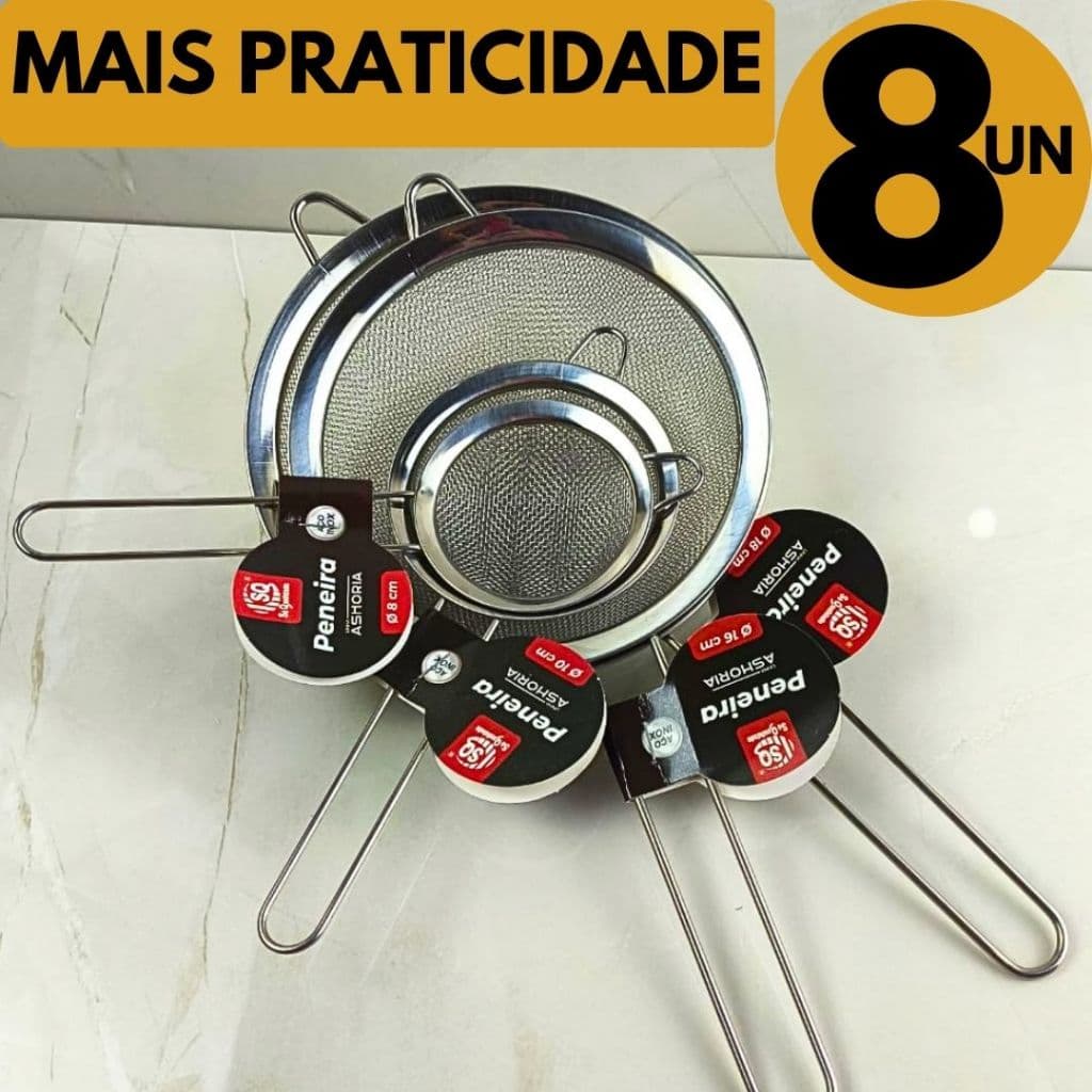 8 Peneira Aço Inox Profissional Não Enferruja Filtra Farinha Sucos Casa Cozinha Restaurante Comércio
