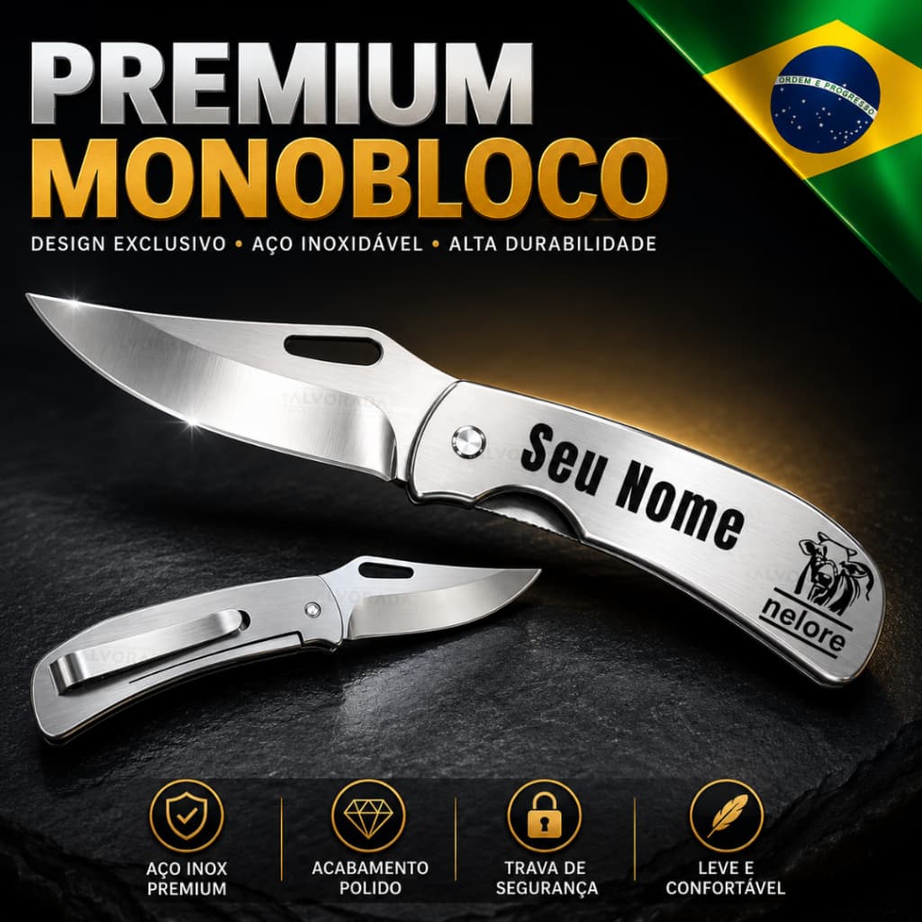 Canivete Monobloco com Caixinha com Nome personalizado Cromado Luxo