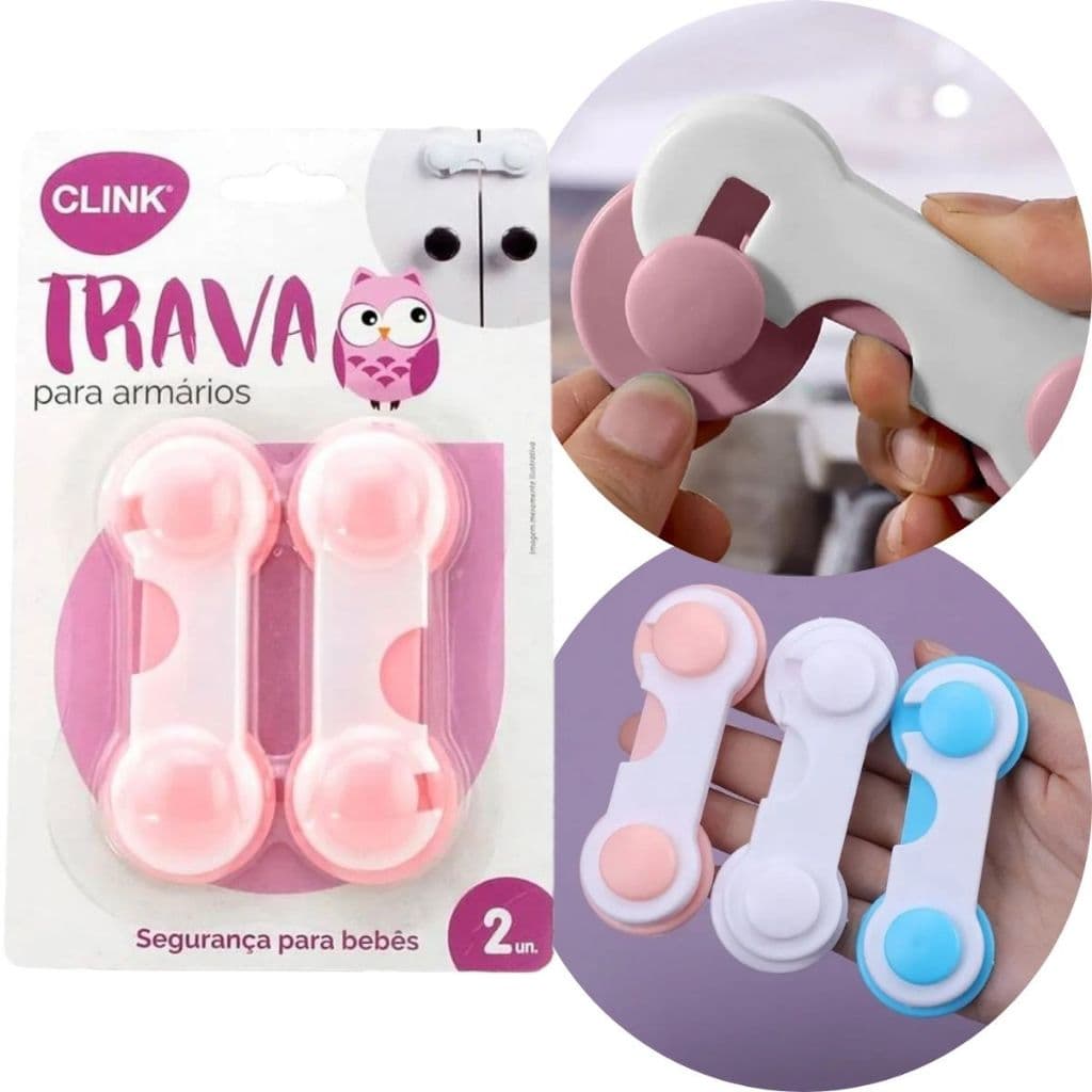 Kit 2 Trava Fecho Para Gaveta Rosa Armário Protetor Segurança Bebê Criança Multiuso De Plástico