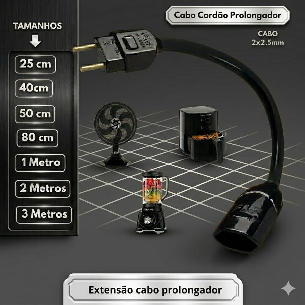 Cabo Prolongador Mini 25cm/40cm/50cm ate 3 Metros 10a/20a Extensão Elétrica Preto Reforçada Bi volts 110/220