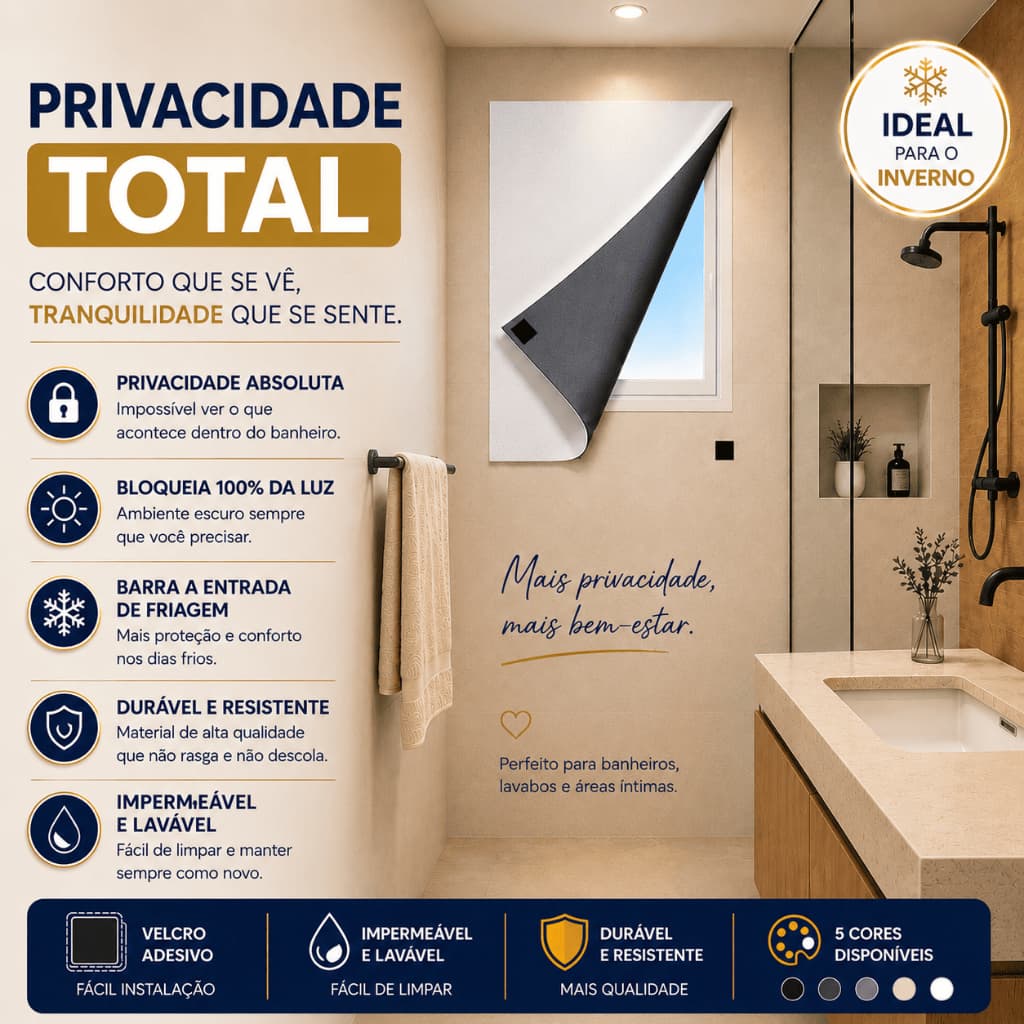 Cortina Blackout  Anti-Friagem Janela de Banheiro 0,70x1,00 | Privacidade Total Corta Luz 100% Impermeável