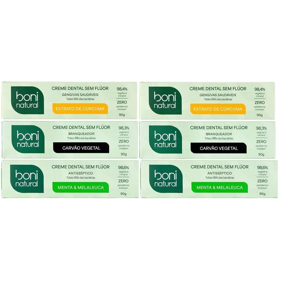 kit 6 Creme dentais Boni Curcuma, Carvao e Melaleuca 90g