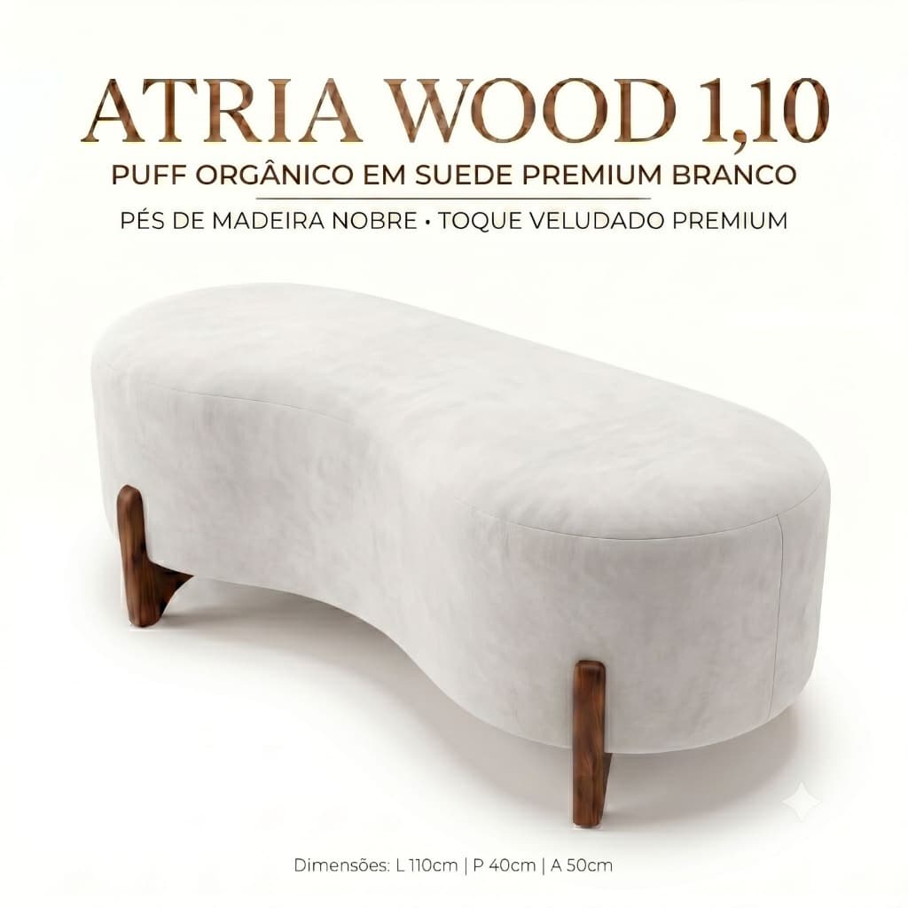 Puff Atria Wood 1,10m Suede Branco • Peça Decorativa Premium • Design Minimalista Sofisticado