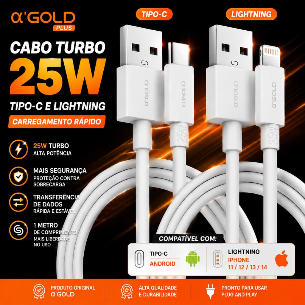 Cabo Turbo 25W Original a’Gold Tipo C e Lightning iPhone 11 12 13 14  Android 1M