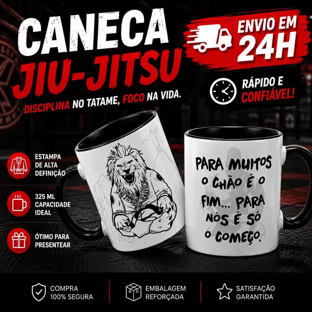 Caneca Jiu Jitsu Leão 325ml Presente Lutador Kimono Jiu-Jitsu Frase Motivacional Arte Marcial
