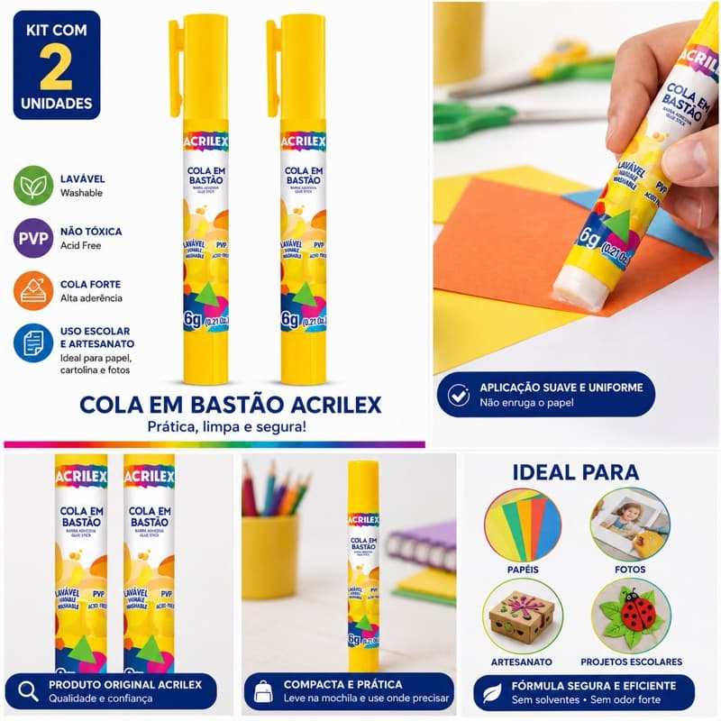 Cola Bastão em Caneta Branca Acrilex - Kit com 2 Colas 6g cada