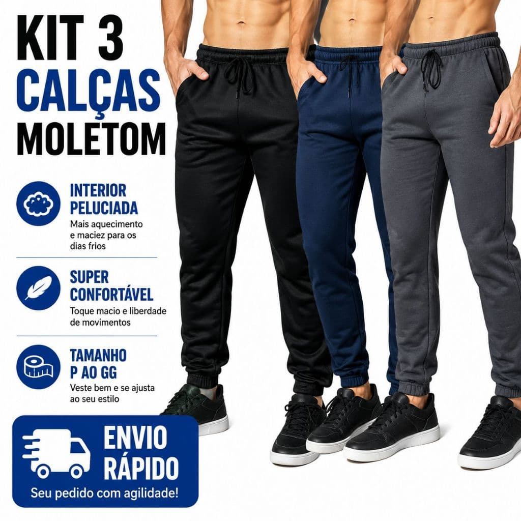 Kit 3 Calças Moletom Masculina Peluciada | Punho | Super Confortável