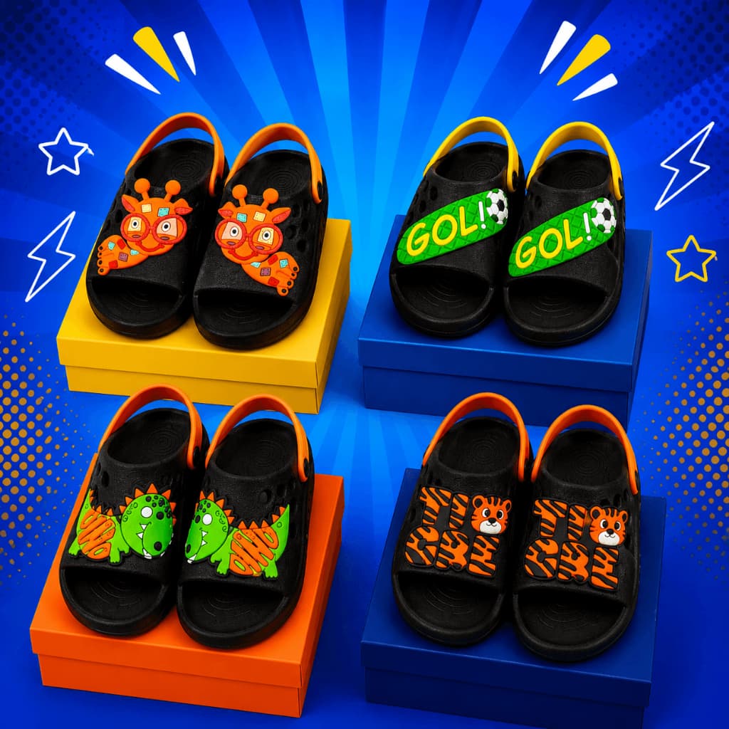 Slide Infantil Menino Sandalinha Chinelo Leve Macio Confortável Dinossauro Tigre Girafa Gol