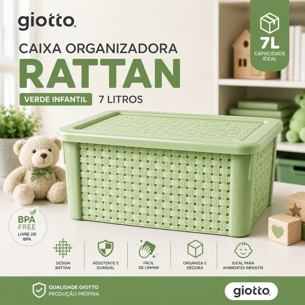 Caixa Organizadora Rattan 7L Verde Unidade Cesto Organizador Multiuso com Tampa Giotto