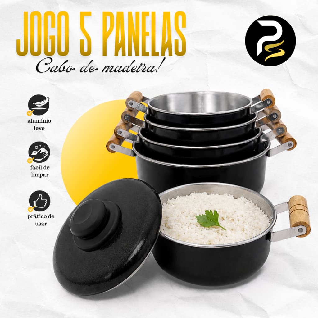 Jogo De Panelas 5 Peças Alumínio Preto Cabo De Madeira Caçarola Conjunto Completo Para Cozinha