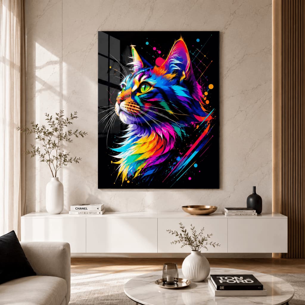 Quadro Decorativo Gato Colorido Neon Arte Moderna Sala Quarto Escritório MDF