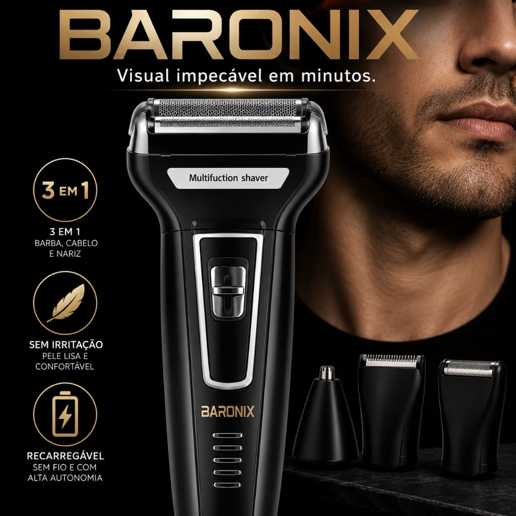 Aparador de Barba Masculino 3 em 1 BARONIX Recarregável Sem Fio Barbeador Elétrico Bivolt