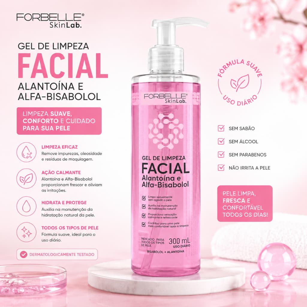 Gel de Limpeza Facial Forbelle SkinLab com Alantoína e Alfa-Bisabolol 300ml | Limpeza Suave  |