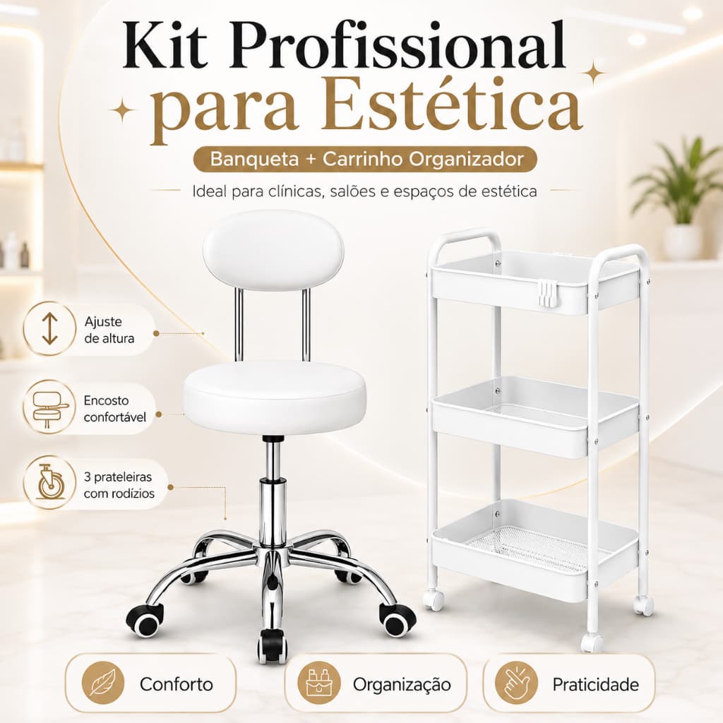 Kit Estética Mocho Regulável com Carrinho Auxiliar Para Clínica Manicure Spa Massagista Tatuador Fg.