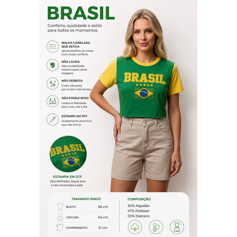 Cropped Brasil Feminino Ribana Estampa DTF Moda