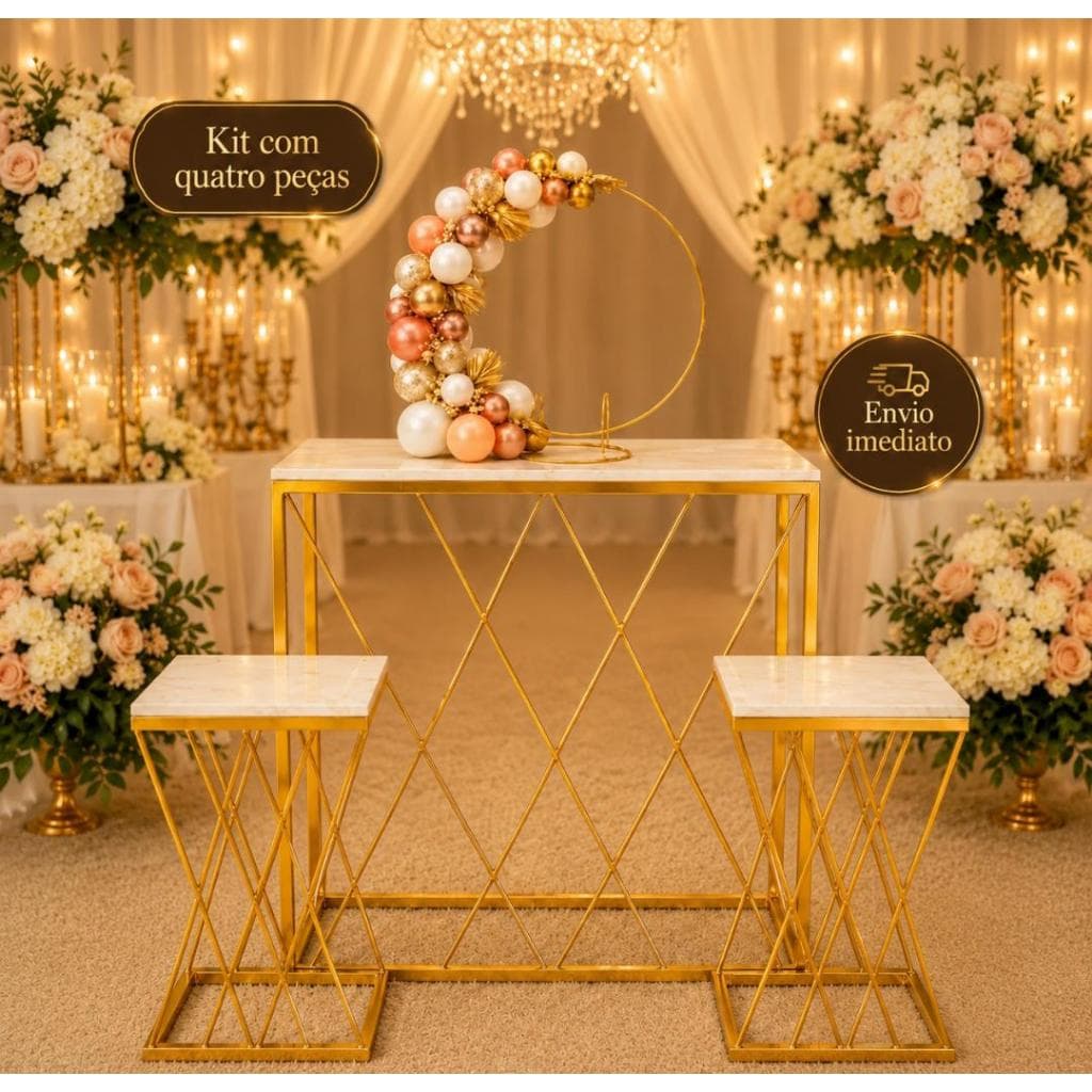 Kit Mesa Treliça Cruzada Decorativa 4 Peças Dourada Festa Luxo Casamento Aniversário Arco Dourado...