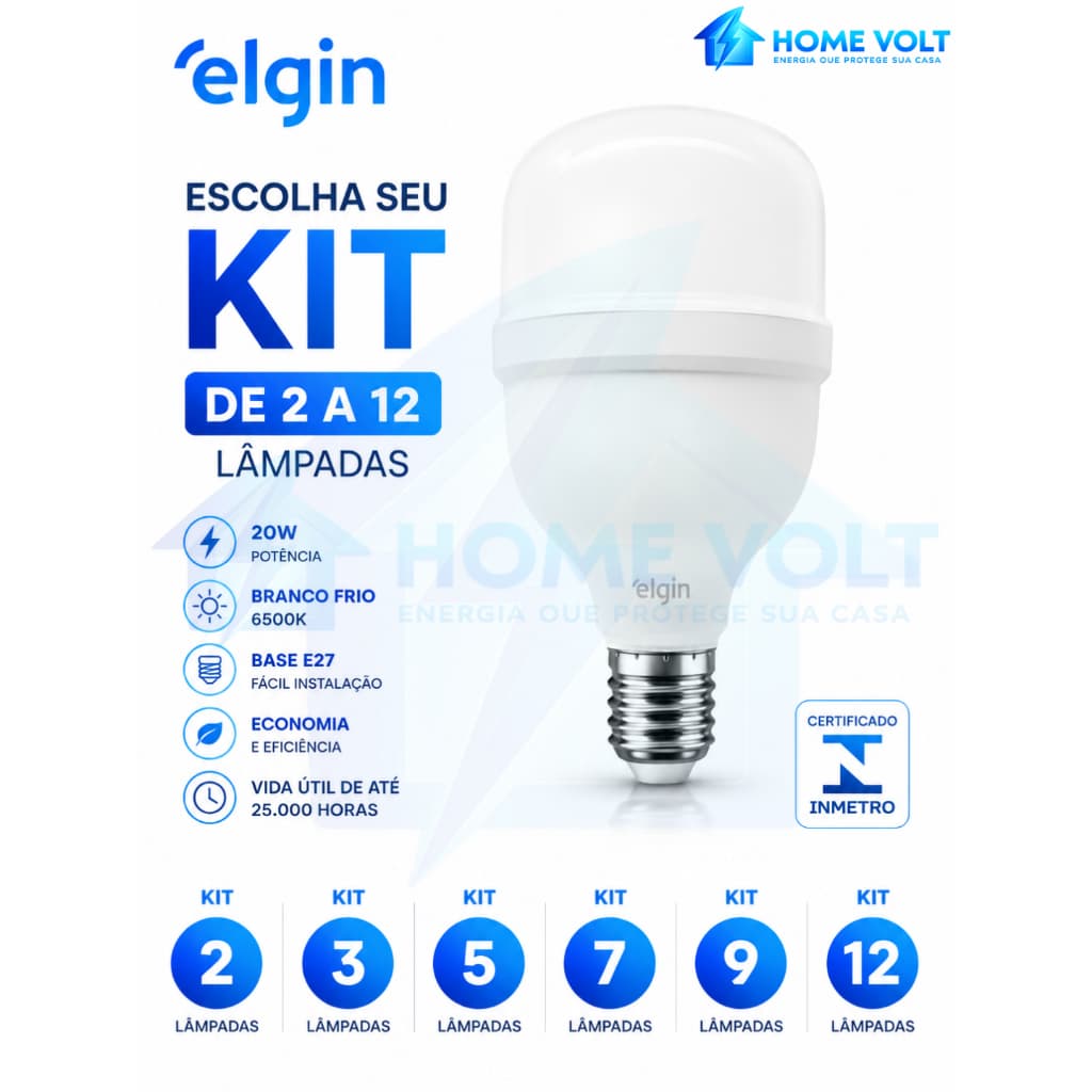 KIT com 2 / 3 / 5 / 7 / 9 e 12  Lâmpada LED Super Bulbo Elgin 20W Branco Frio E27 Econômica  INMETRO