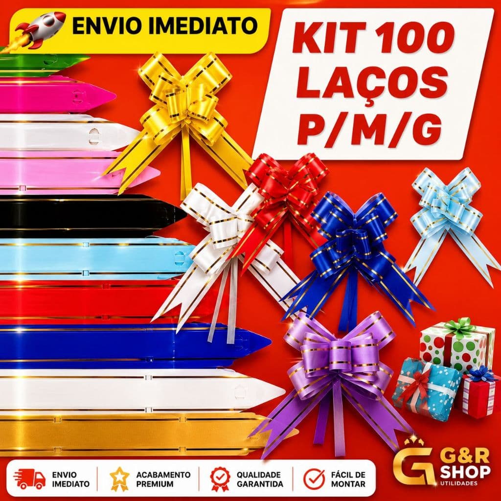 100 Laços Fácil Mágico com Filetes Dourado P/M/G – Presente Com Cores Variadas
