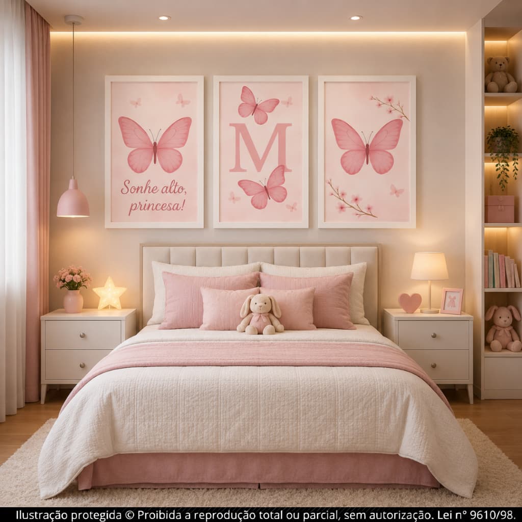 Kit Quadros Decorativos 3 Peças Infantil Menina Borboleta Rosa Frase “Sonhe Alto Princesa” Letra Inicial Personalizada