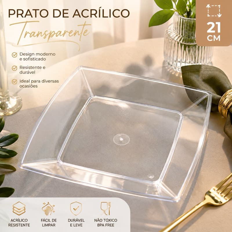 Prato Acrilico Transparente Square 21cm C/10un Prato Quadrado Reutilizavel Festa