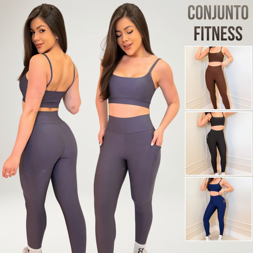 Conjunto Fitness Feminino Suplex Top Alcinha com Bojo e Calça Legging Cós Alto com Bolsos Laterais Academia