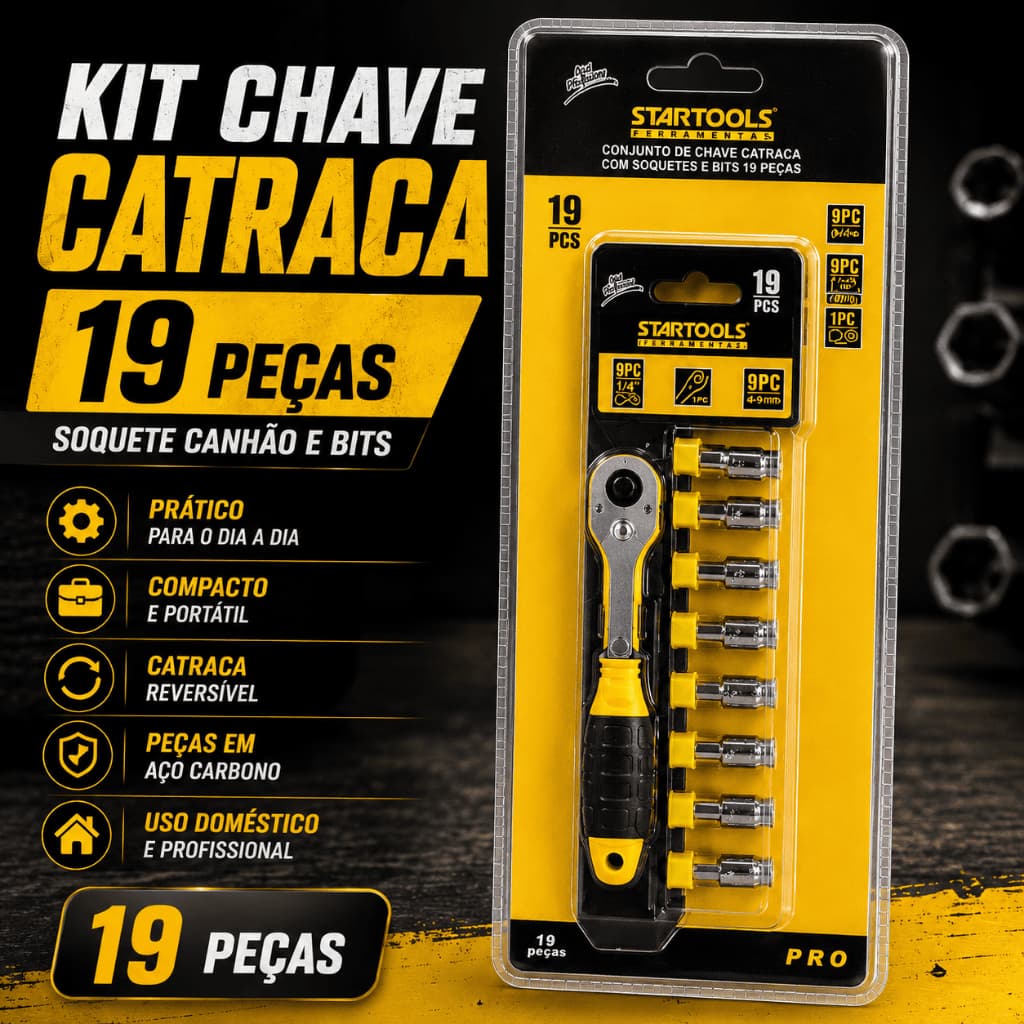 Kit Ferramentas Manuais Chave Catraca Soquetes Canhao Bits 19 Pecas