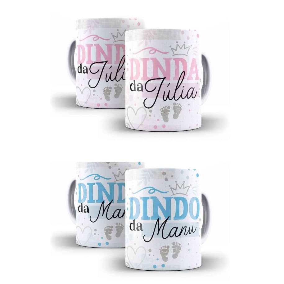 Caneca Porcelana Kit com 02 Canecas Dindos Dinda e Dindo Batizado com Nome