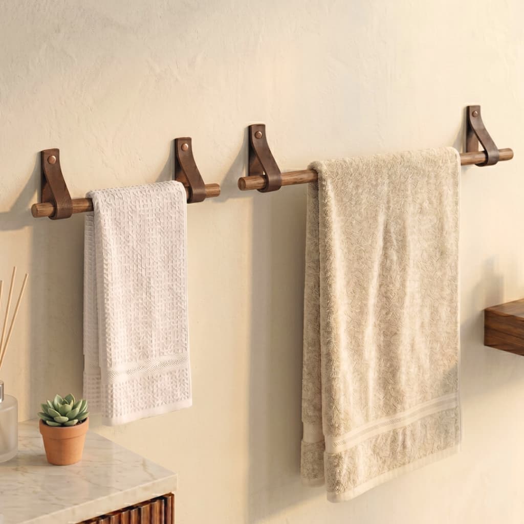 Kit Suportes de Toalhas para Banheiro Decoração rústica Madeira e couro | Casa Madêco